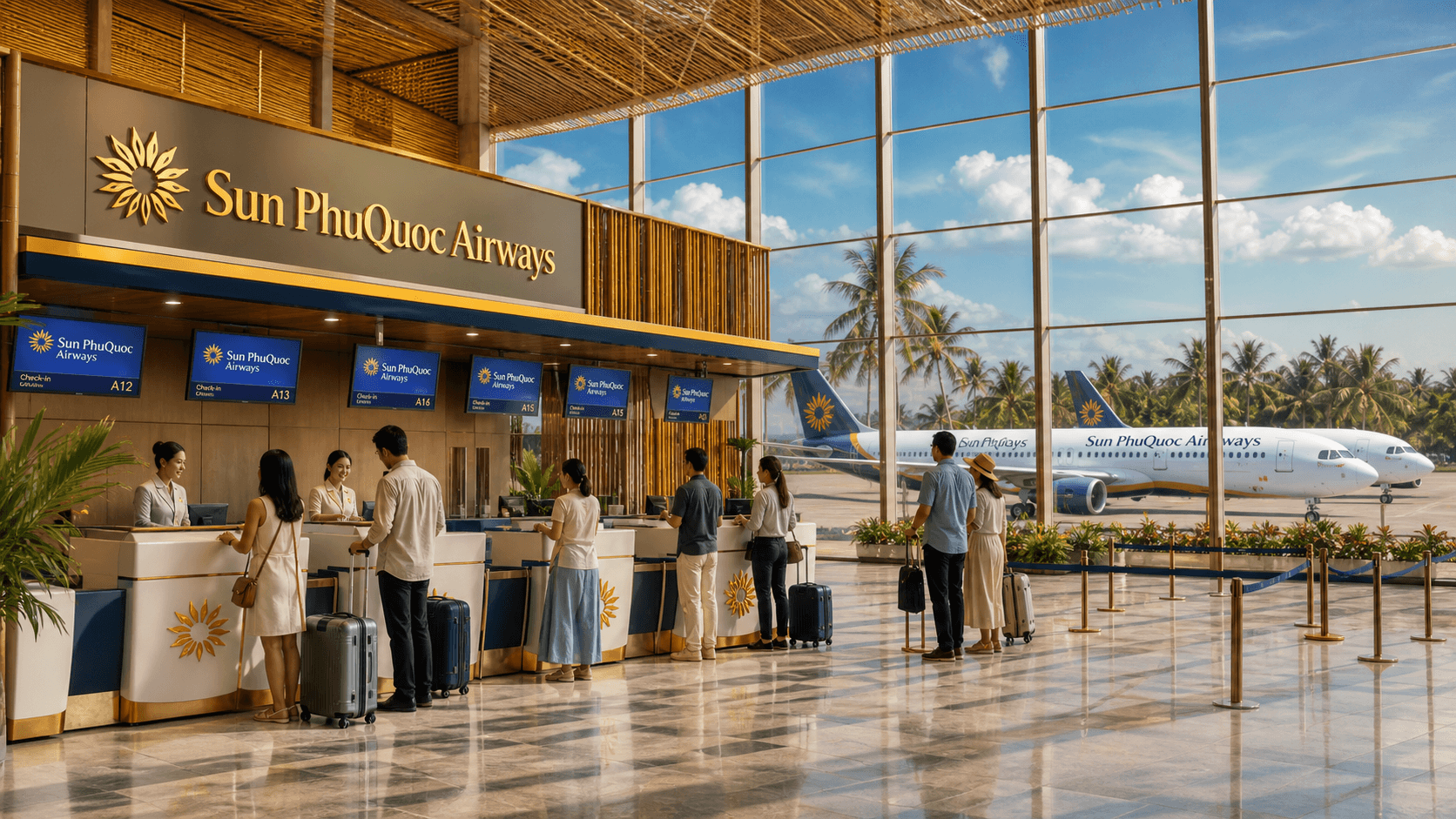 Quầy làm thủ tục và máy bay tại sân bay quốc tế