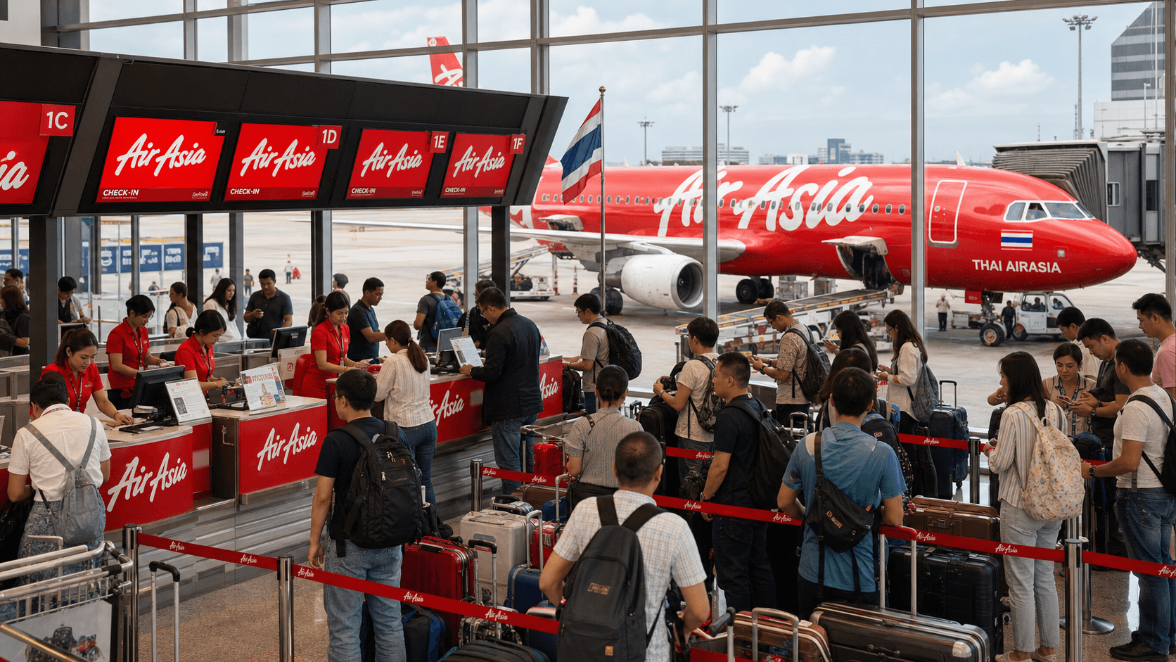 Quầy làm thủ tục và máy bay tại sân bay quốc tế