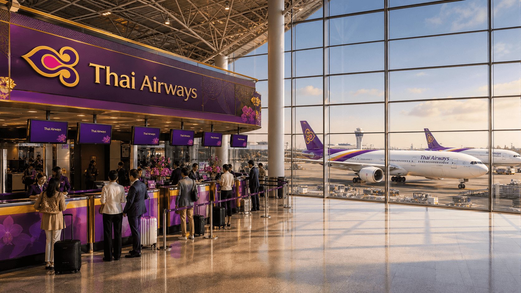 Quầy làm thủ tục và máy bay tại sân bay quốc tế