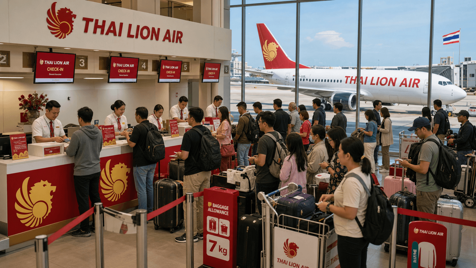 Quầy làm thủ tục và máy bay tại sân bay quốc tế