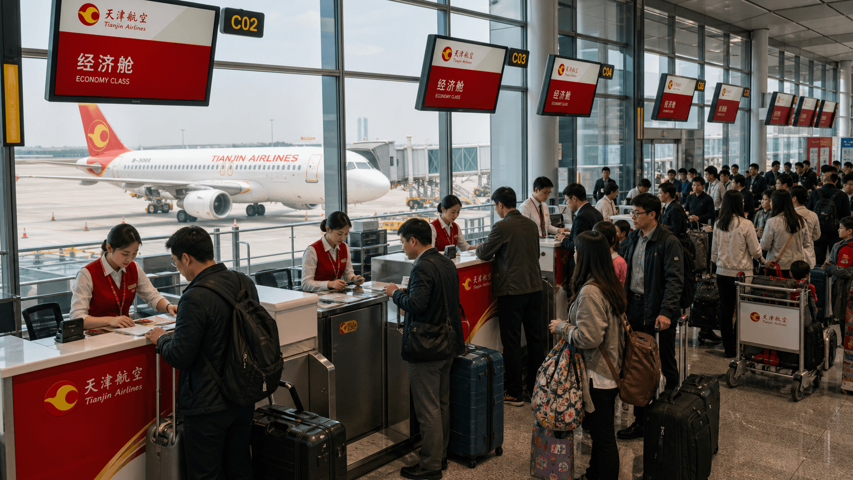 Quầy làm thủ tục và máy bay tại sân bay quốc tế