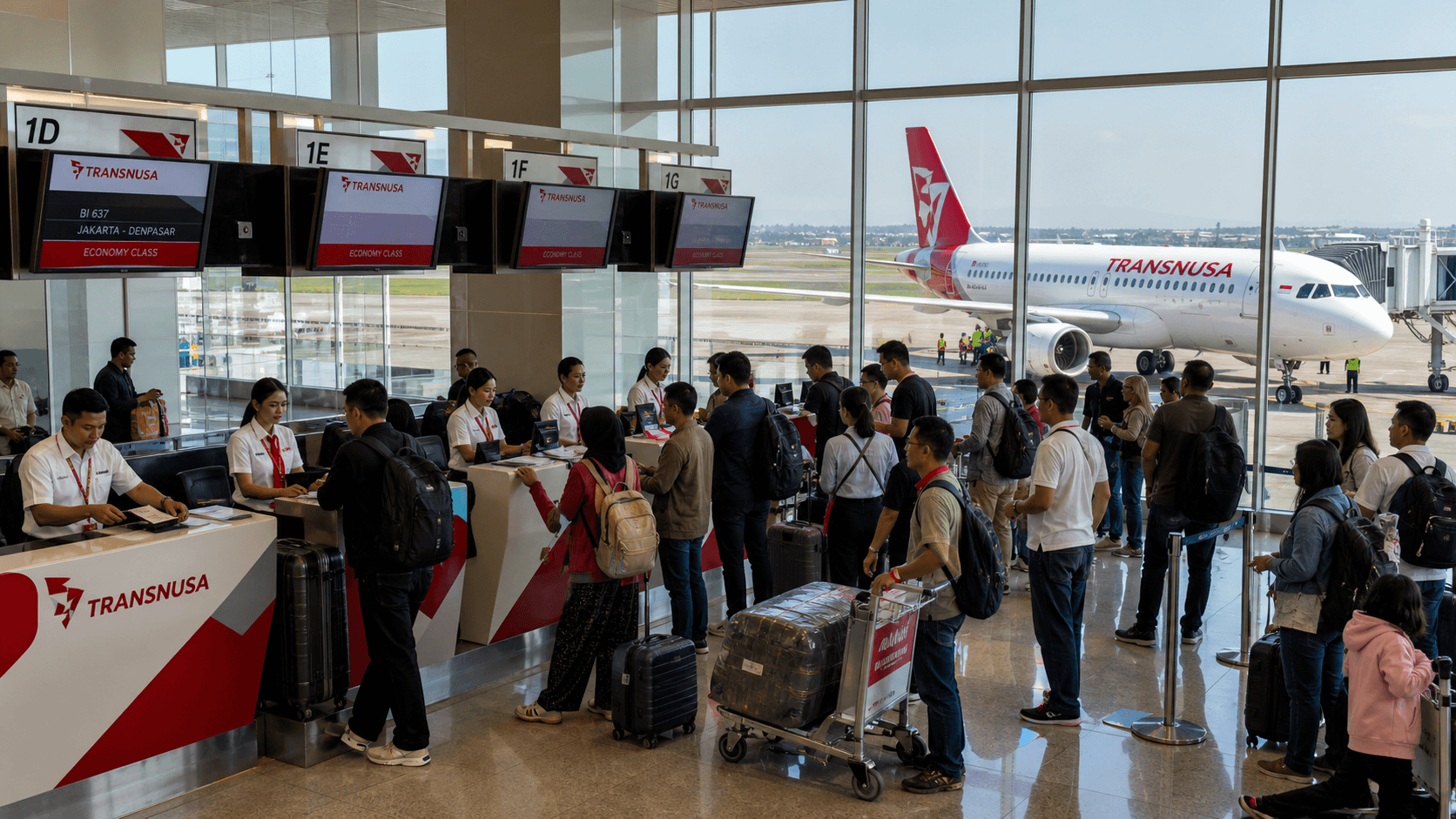 Quầy làm thủ tục và máy bay tại sân bay quốc tế