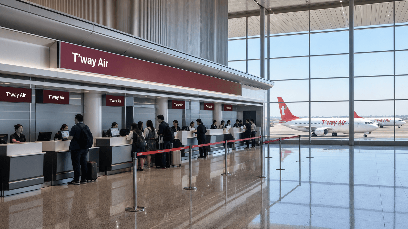 Quầy làm thủ tục và máy bay tại sân bay quốc tế