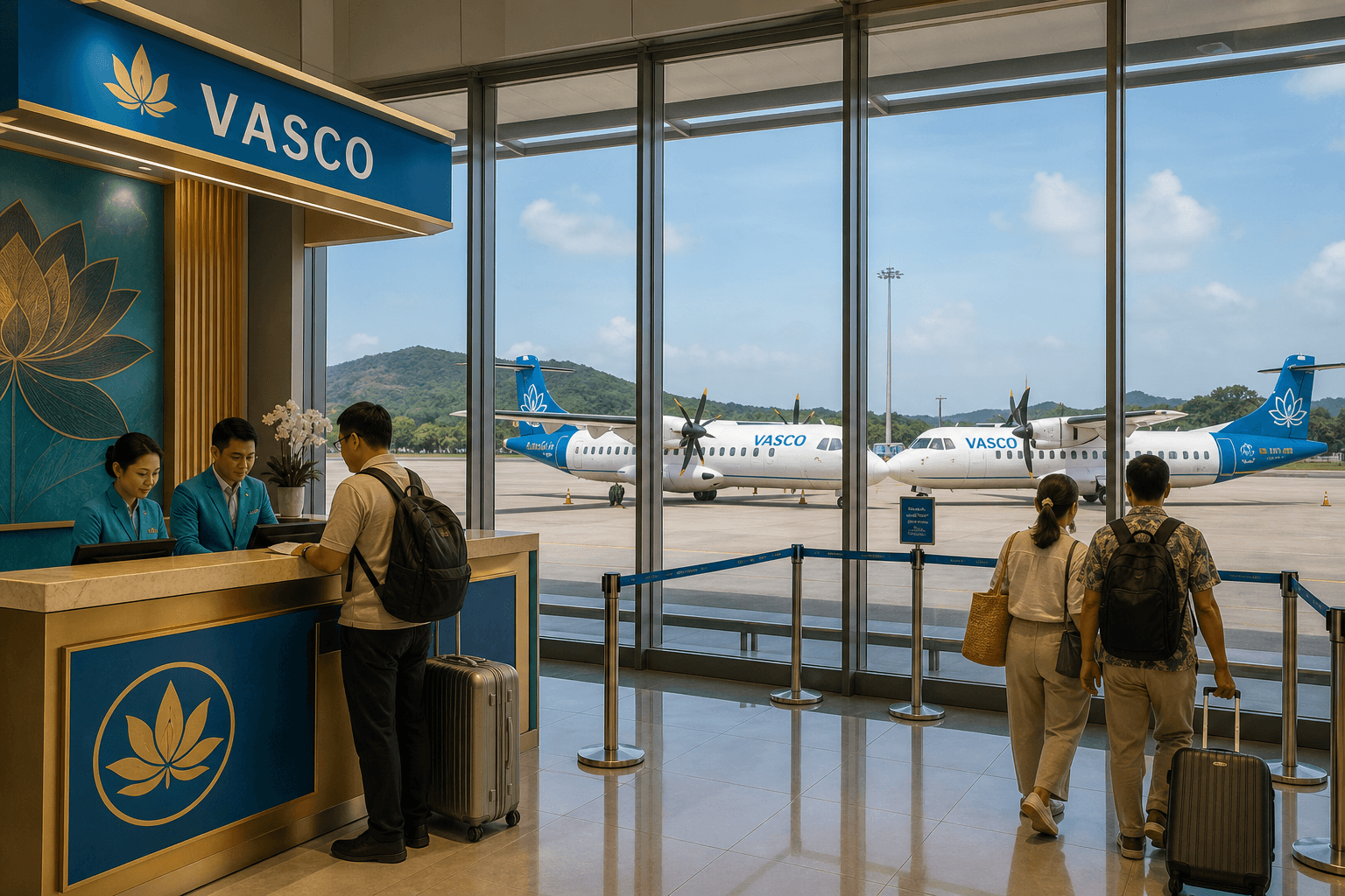 Quầy làm thủ tục và máy bay tại sân bay quốc tế