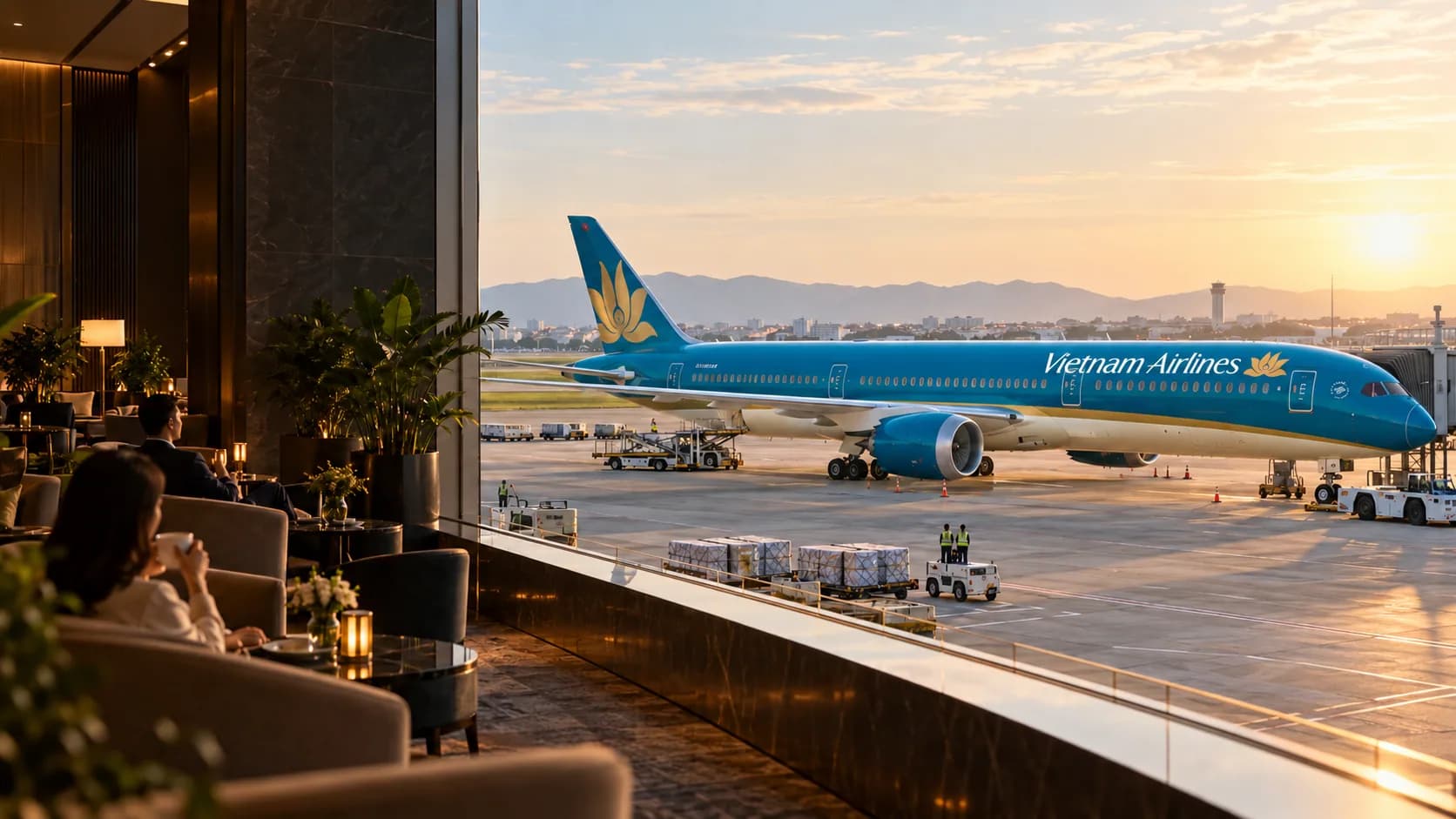 Ảnh minh họa máy bay Vietnam Airlines màu xanh, tên hãng và bông sen vàng trên thân máy bay tại sân bay