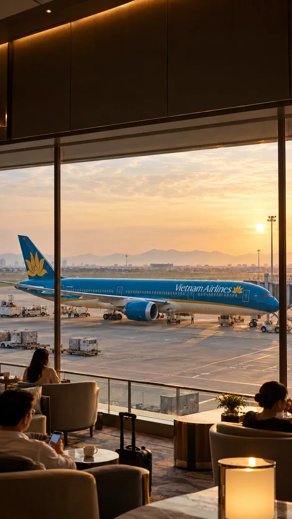 Ảnh minh họa máy bay Vietnam Airlines màu xanh, tên hãng và bông sen vàng trên thân