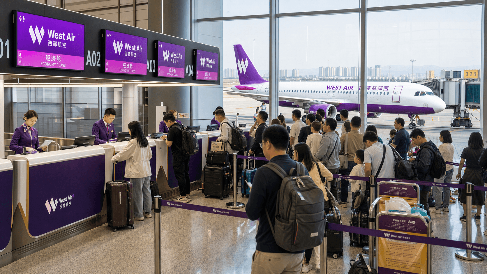 Quầy làm thủ tục và máy bay tại sân bay quốc tế