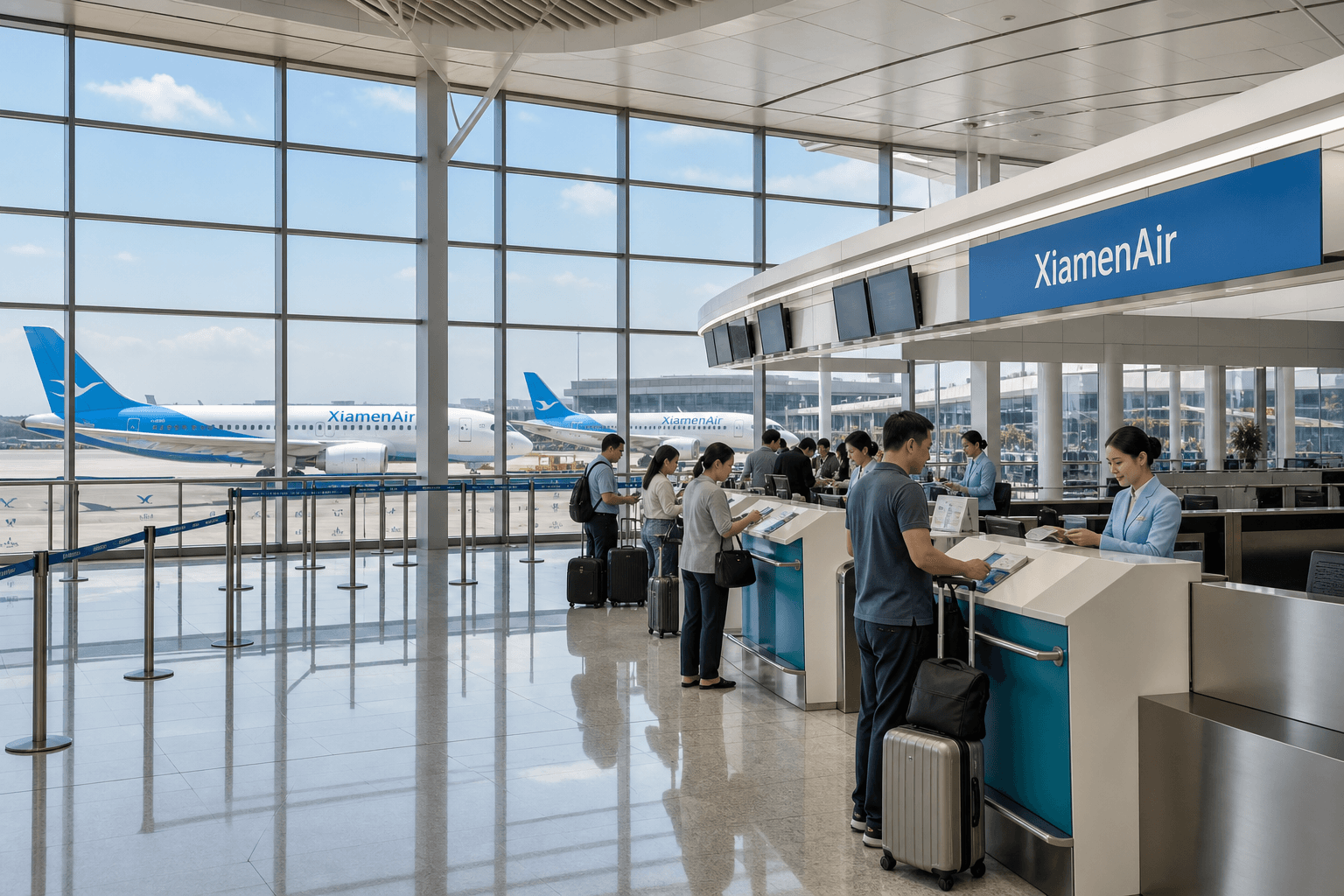Quầy làm thủ tục và máy bay tại sân bay quốc tế