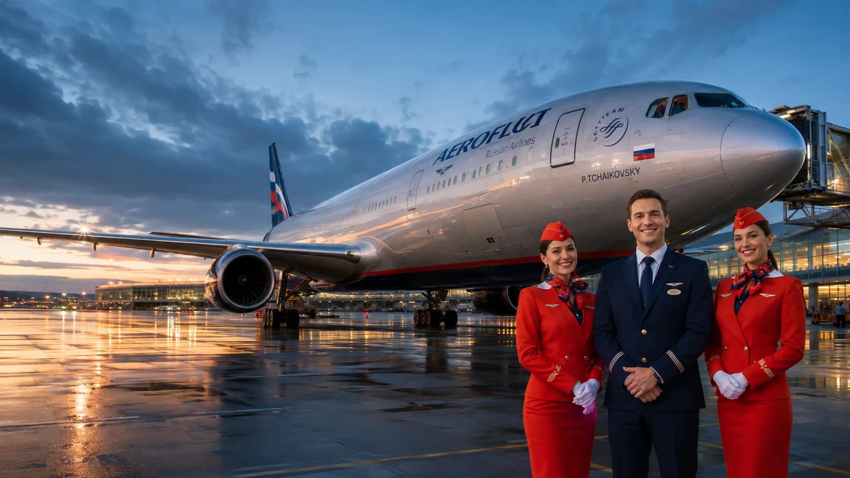 Máy bay Aeroflot và tổ bay tại sân bay quốc tế