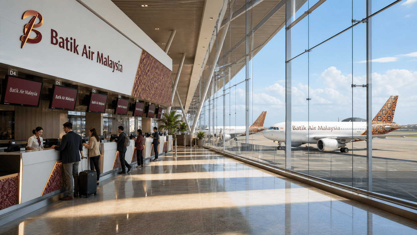 Quầy làm thủ tục và máy bay tại sân bay quốc tế