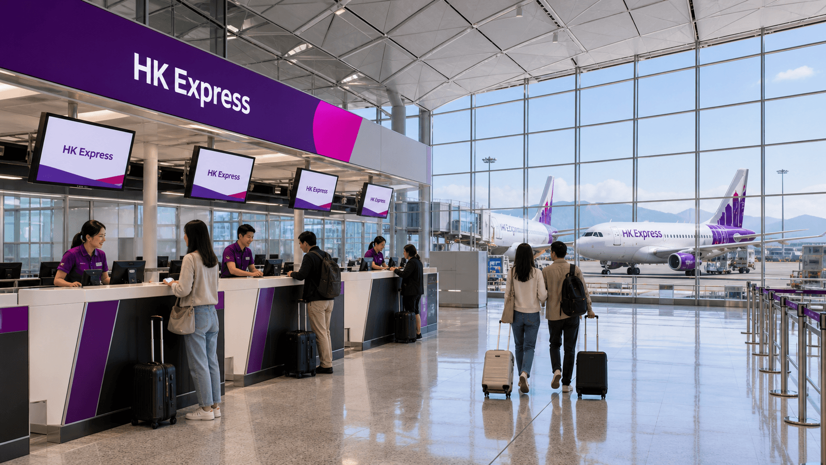 Quầy làm thủ tục và máy bay tại sân bay quốc tế