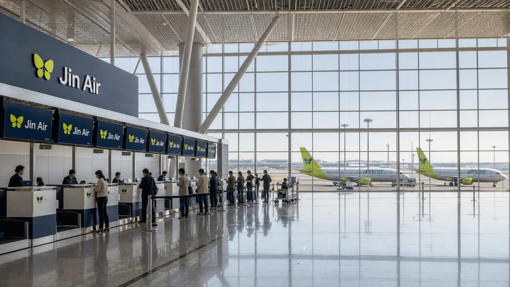 Quầy làm thủ tục và máy bay tại sân bay quốc tế