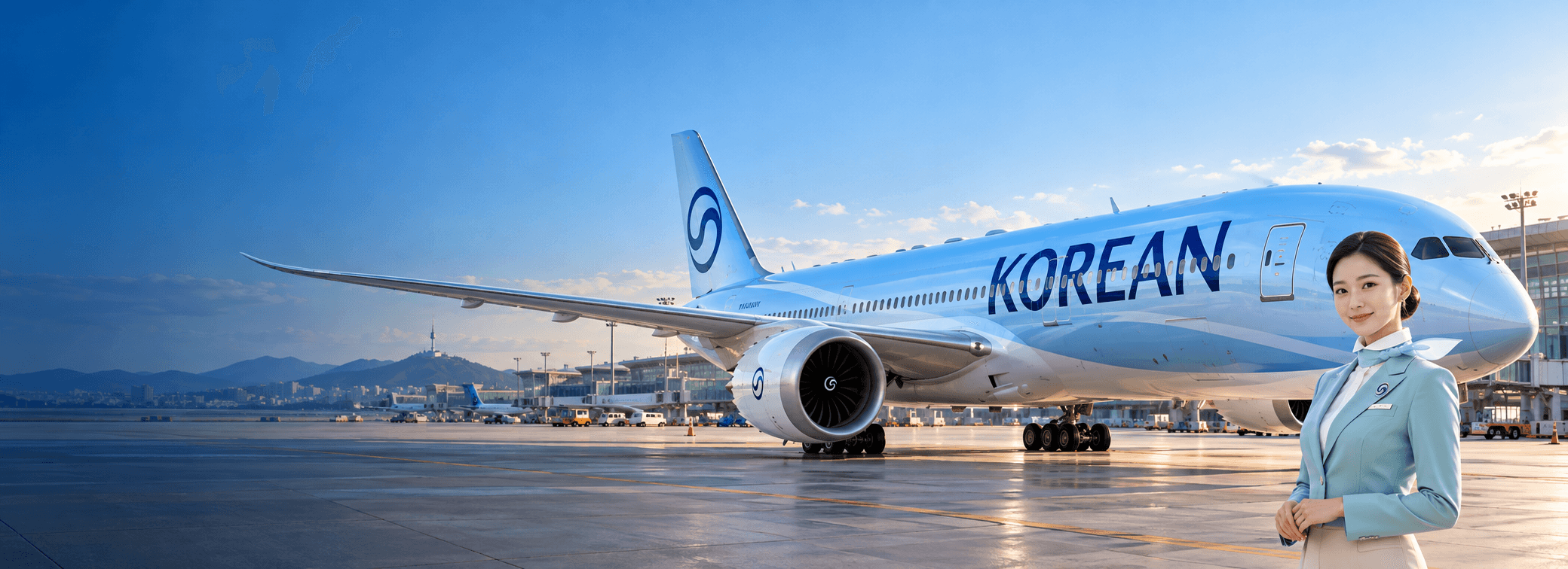 Minh họa máy bay Korean Air nhận diện mới cùng tiếp viên tại sân bay
